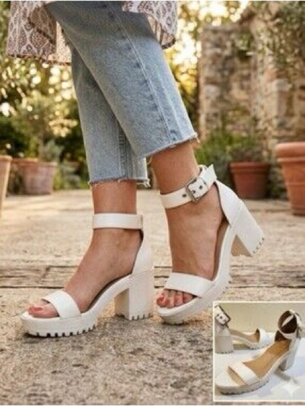 White Chunky Heel Ankle Strap Sandals (Nasty Gal brand)- Women's